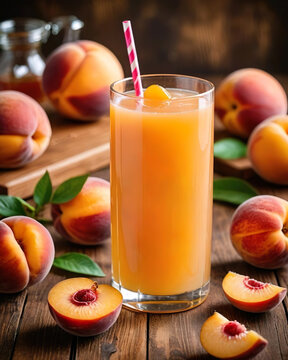 Vaso con zumo de melocot&oacute;n junto a unos melocotones