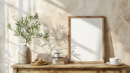 Rustic decor with a vase of green branches, books, a framed picture, and shadows cast on a textured wall