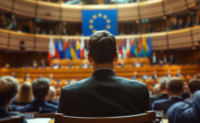 A man in a formal suit sits in a European parliamentary assembly, observing the proceedings.