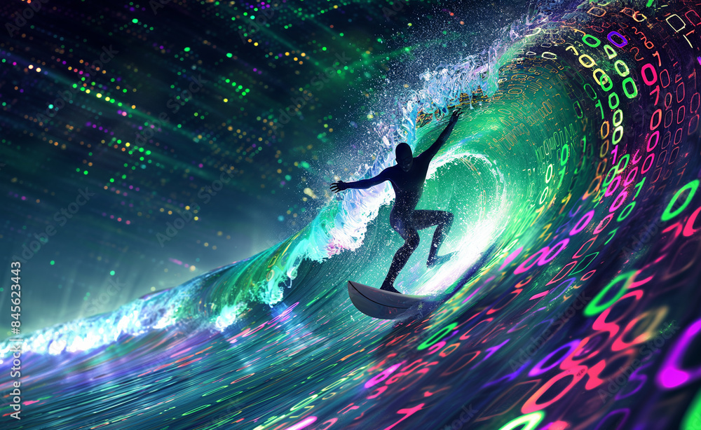 Poster a digital illustration of a surfer riding a wave made of binary code, symbolizing data surfing.