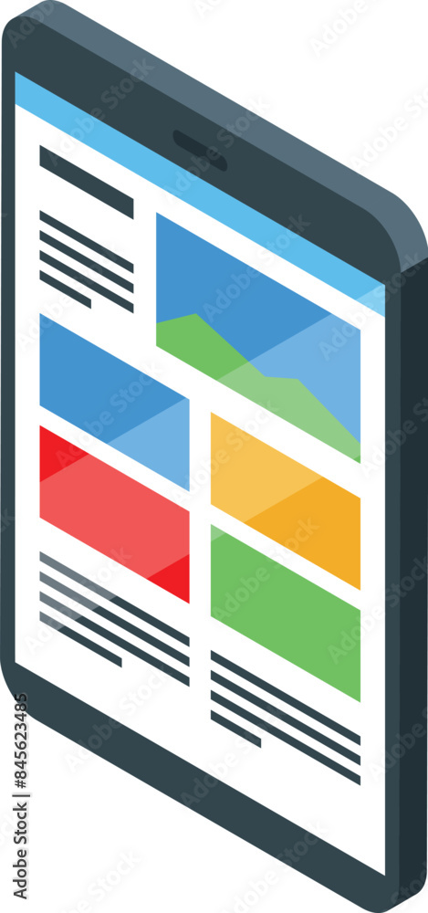 Poster modern smartphone displaying colorful application interface with charts and text information