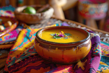 Haitian Pumpkin Soup Joumou in Ceramic Bowl with Festive Background Setting