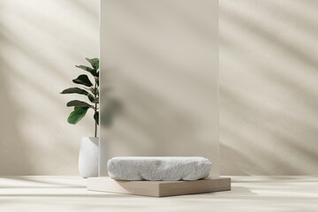 3D rendering stone and wood platform podium product presentation with plant and sunlight wall backdrop	
