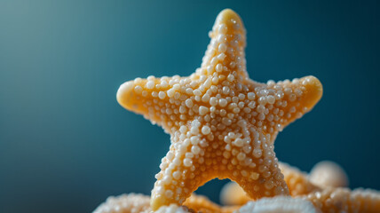 Close-up of a starfish with beaded texture, blue background.