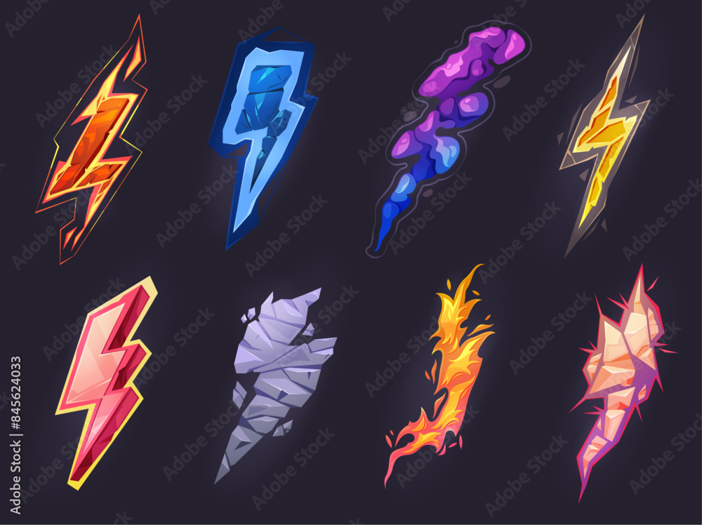 Poster dangerous magical power, isolated set of cartoon lightning or thunder bolt arrows with flames, stone