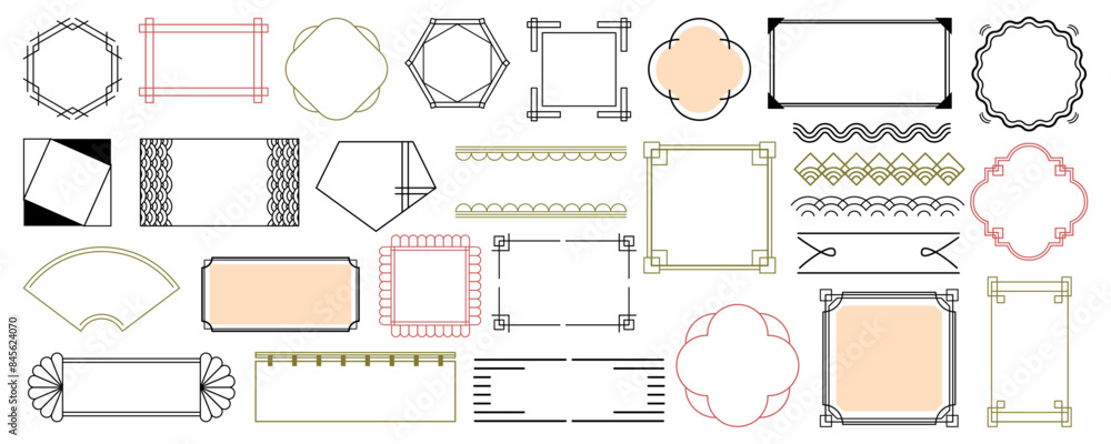 Poster Chinese and Japanese borders and empty frames. Vector isolated set of minimalist asian style decoration with lines and waves, corners and hexagonal or rounded geometric shapes for copy space