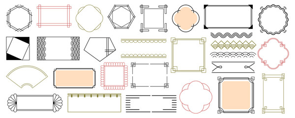 Chinese and Japanese borders and empty frames. Vector isolated set of minimalist asian style decoration with lines and waves, corners and hexagonal or rounded geometric shapes for copy space
