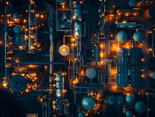 Fototapeta premium Illuminated Industrial Complex at Night Bustling and Powerful Industrial Concept