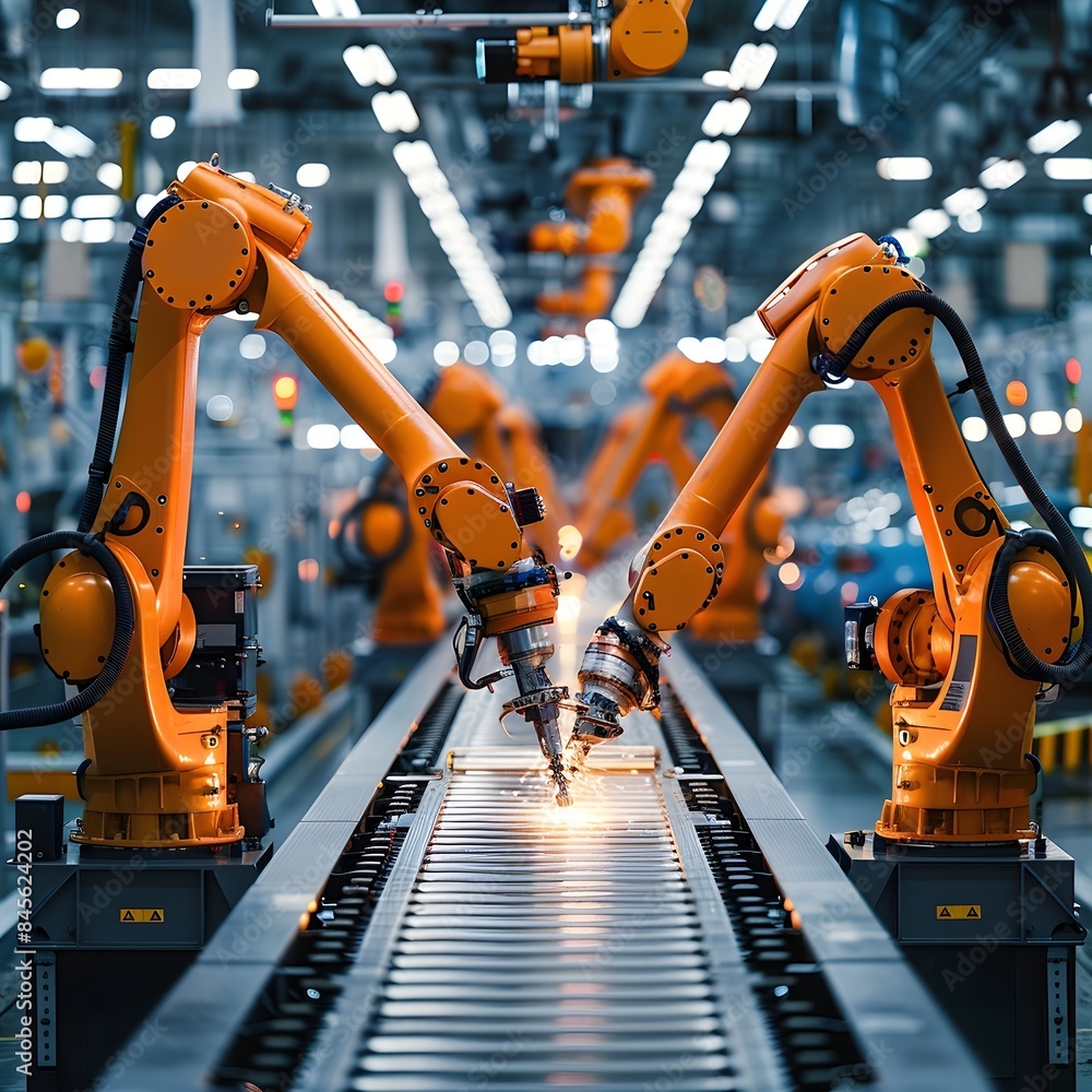 Poster robotic industrial automation assembling car parts on a high tech production line with precision and