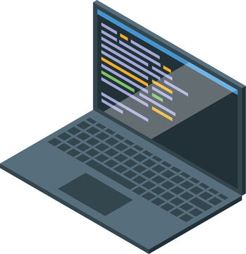 Modern laptop showing programming code on the screen in isometric view
