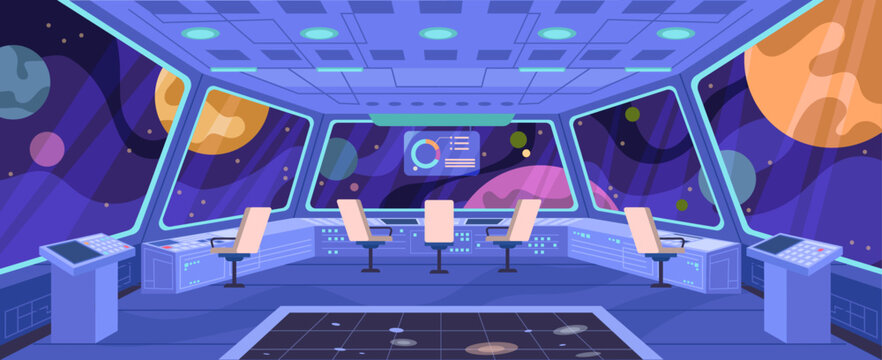 Spaceship interior and view on cosmos from window of ship. Vector shuttle with displays, computer board, seats for passengers and captains team. Futuristic room with control panels for flights