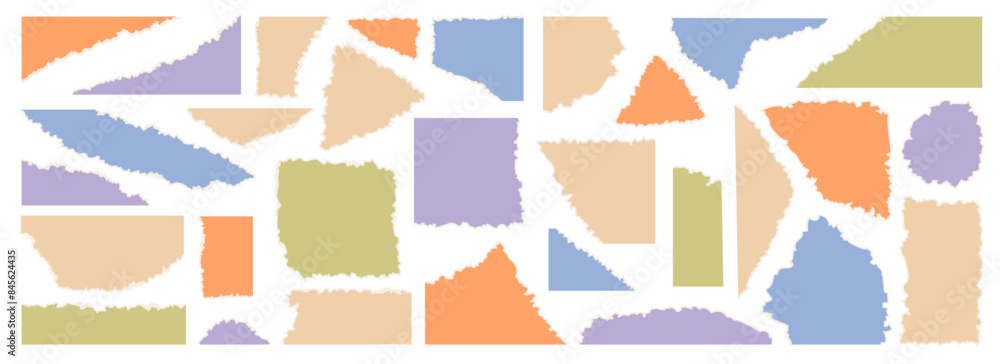 Aufkleber Torn colorful paper pieces for crafts and art. Vector isolated small scraps of different sizes. Children artwork materials, sheets with rigid and grungy edges and cuts. Patchwork, color fragments