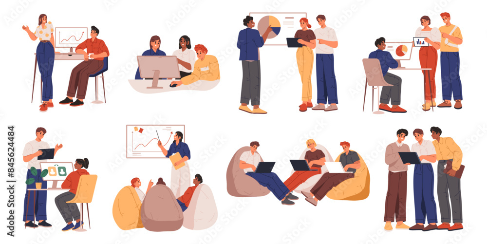 Poster Employees working in team, isolated set of people dealing with project tasks. Vector business people showing ideas on presentation, brainstorming and thinking on solution of company problems