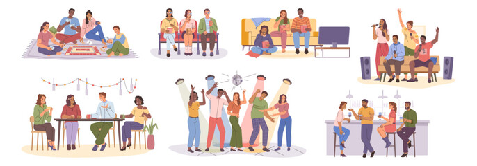 People meeting having fun together. Vector isolated friends spending time in club or karaoke, pub or bar, home or cinema. Watching movies or spending home in evening with board games activities
