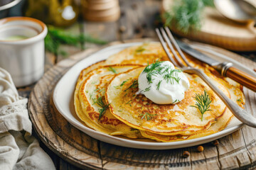 Triticale Flour Pancakes with Sour Cream and Fresh Dill on White Plate in Rustic Kitchen Setting