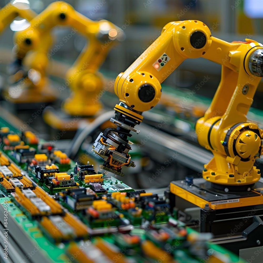 Poster industrial robots assembling electronic devices on a production line high tech and precise automatio