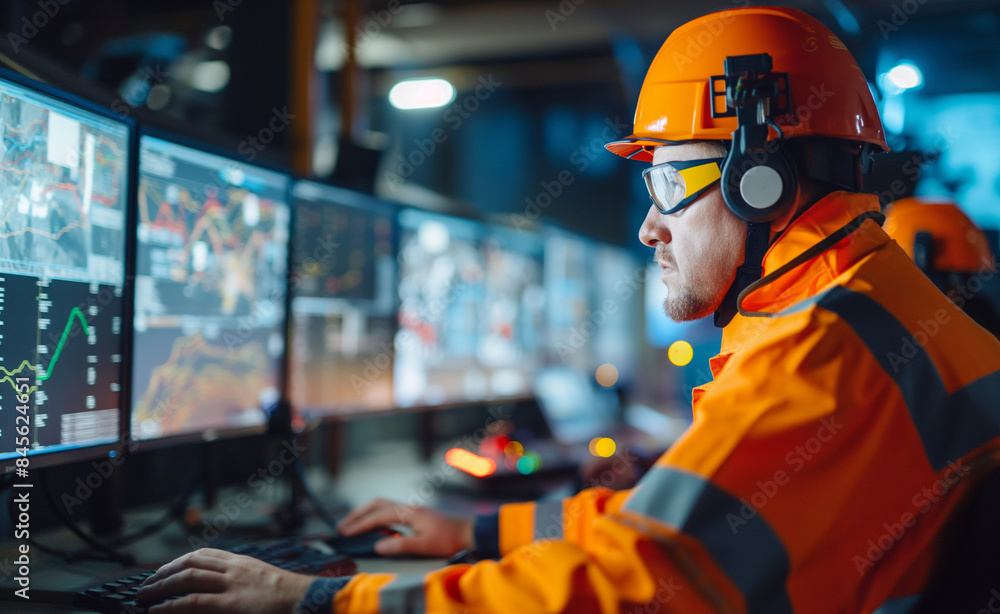 Poster control room operators in orange safety gear monitor multiple screens displaying various data and sy