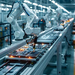 Industrial Robots Assembling Electronic Devices on a High Tech Production Line