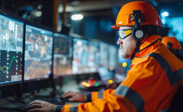 Control room operators in orange safety gear monitor multiple screens displaying various data and systems.
