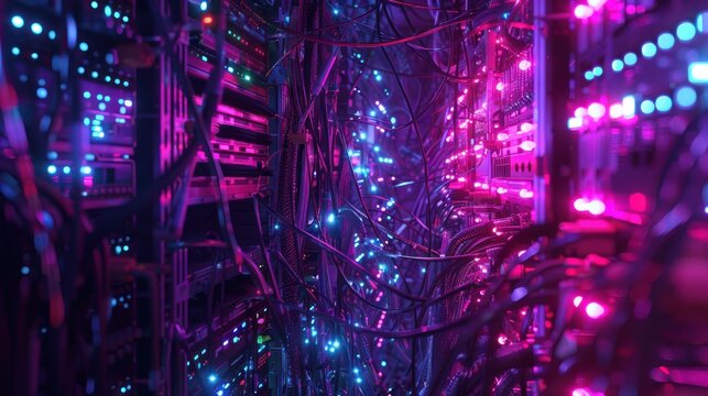 Closer look at the digital technology server control panel a room full of cables and lights