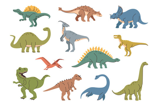 Jurassic period dinosaurs of different types. Vector isolated extinct animals species with long necks, thorns and claws. Flying and marine dino, prehistoric personages with fins and wings