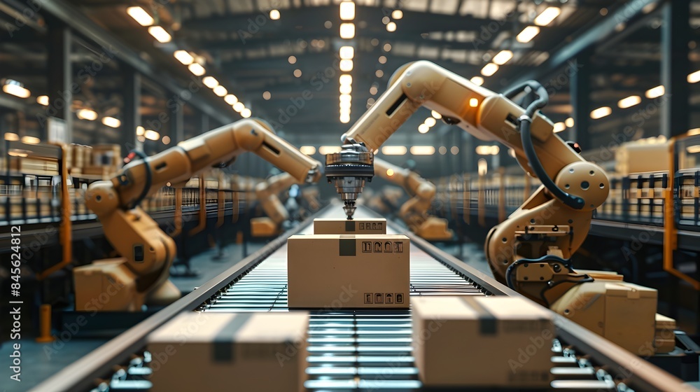 Poster automated robotic logistics center efficiently sorting packages for modern distribution industry