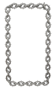 3D render features a unique industrial chic aesthetic: a vertical rectangle frame formed by meticulously crafted metal chains with sharp tips and rounded corners (transparent PNG background).