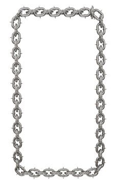 3D illustration showcases meticulous craftsmanship. Sharp-tipped metal chains expertly interlock to create a captivating rectangular frame with rounded corners (transparent PNG).