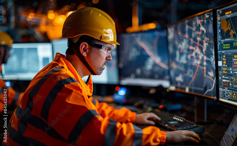 Poster control room operators in orange safety gear monitor multiple screens displaying various data and sy