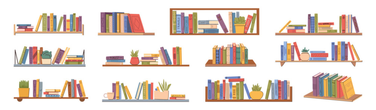 Books and houseplant on bookshelf. Vector isolated set of interior decoration. Library or bookstore with bestsellers and novels for bookworms and booklovers. Wall with stack of textbooks