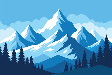 Beautiful winter mountains. Amazing landscape of high mountains, snow capped peaks against the backdrop of silhouettes of a coniferous forest in snowy weather vector illustration