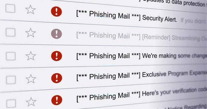 Scrolling list of phishing emails, row of spam mail, seamless loop footage close up