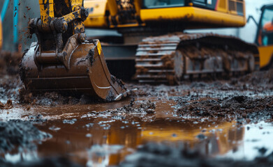 A powerful excavator digging through wet, muddy terrain, showcasing heavy machinery at work in challenging conditions.