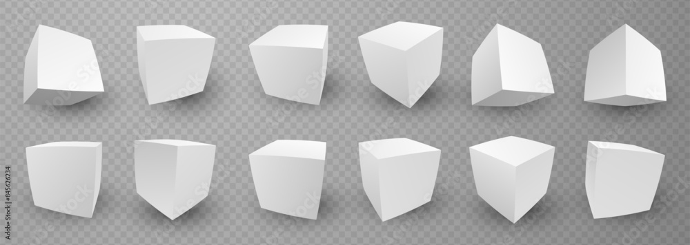 Poster 3d white cube blocks with wide lens fisheye effect perspective on transparent background. 3d perspec