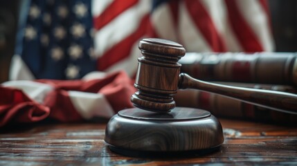 A wooden gavel rests on a wooden surface, with an American flag draped behind it
