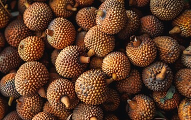 Photo of a pile of Zaw Mak fruit, shaped like small fruits with hard skin and brown color in the market background