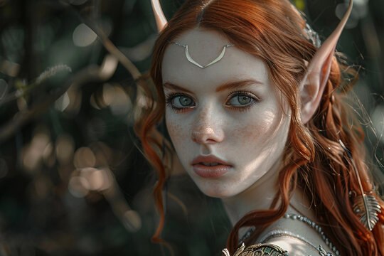 Portrait of beautiful young elf woman with elven ears and red hair