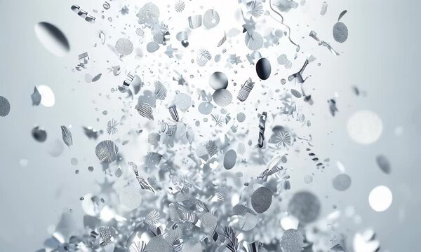 silver confetti pieces against a white background. The scene is bright and festive, with a sense of movement and celebration created by the scattering metallic element
