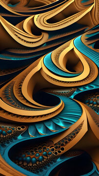 Abstract Blue And Gold Swirling Pattern With Geometric Stair Shapes