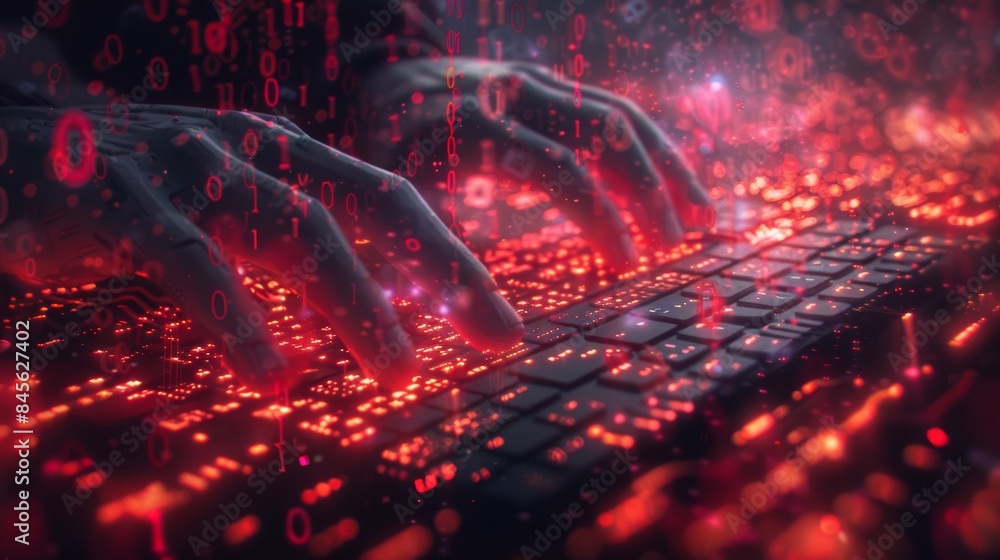 Poster a person typing on a computer keyboard with glowing lights around them, ai