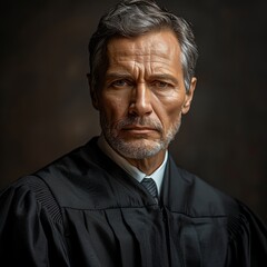 Obraz premium Serious mature male judge in a courtroom wearing a black robe, symbolizing justice and authority in a legal setting.