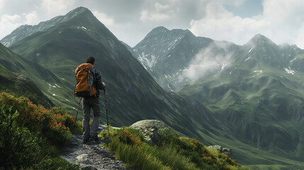 Fototapeta premium A male traveler donning an orange jacket treks along a narrow path amidst lush green mountainous scenery