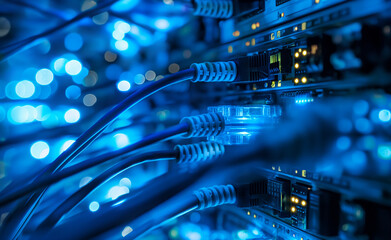 A data center aisle filled with neatly organized blue network cables connected to servers.