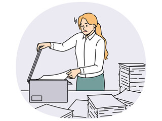 Overwhelmed female employee have problems making copies at copymachine in office. Stressed woman worker duplicate paperwork in copy machine. Vector illustration.