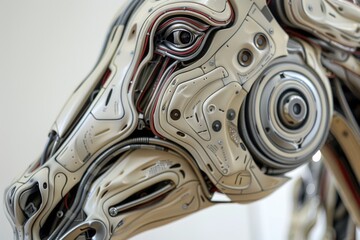 A robot head with a metal face and a red eye