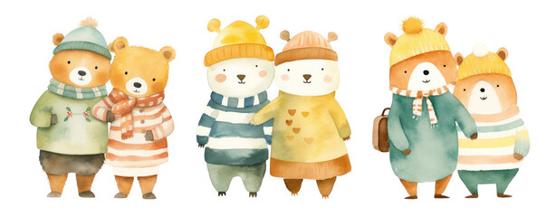 Cute animal couples watercolor png element set on transparent background