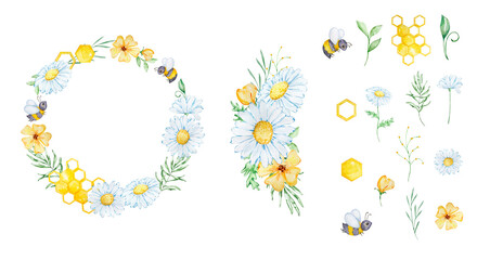 Watercolor floral frame with bee, honeycomb, daisy and leaves