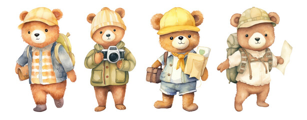 Fototapeta premium Cute teddy bear camping watercolor