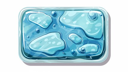 rectangular water button cartoon style for mobile game, top view, white background