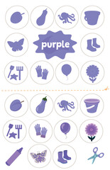 Learning colors purple. Cut and glue educational children game. Matching game worksheet for kids. Match by color.